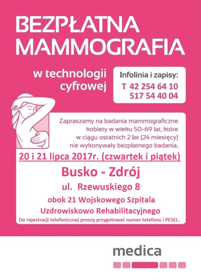 Zapraszamy na bezpłatne badania mammograficzne.