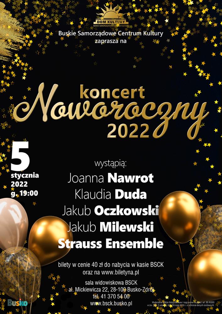 grafika informuje o Koncercie Noworocznym w dn. 5 stycznia 2022 w BSCK w Busku-Zdroju