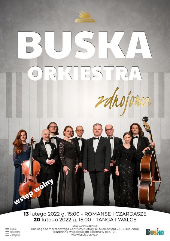 Plakat informujący o koncertach Buskiej Orkiestry Zdrojowej