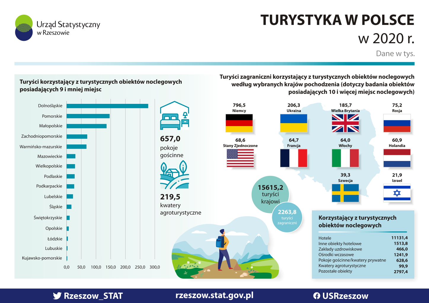 Grafika zawiera informację na temat Turystyki w Polsce w roku 2020. 
