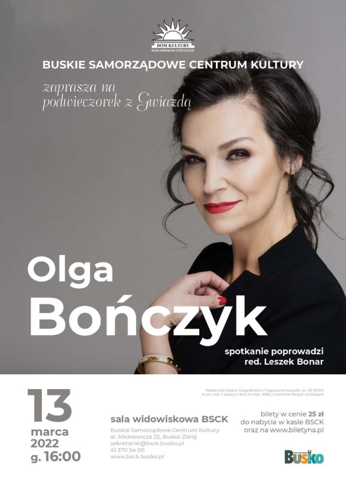 Plakat promujący spotkanie z Olgą Bończyk