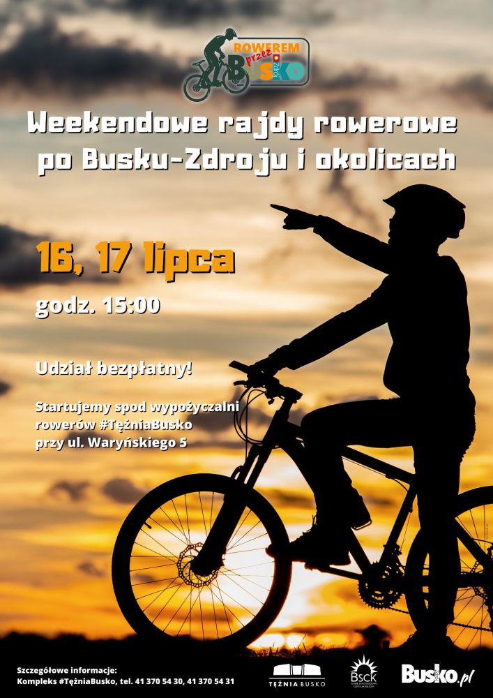 plakat promujący rajdy rowerowe po Ponidziu. Na plakacie rowerzysta na tle zachodzącego słońca