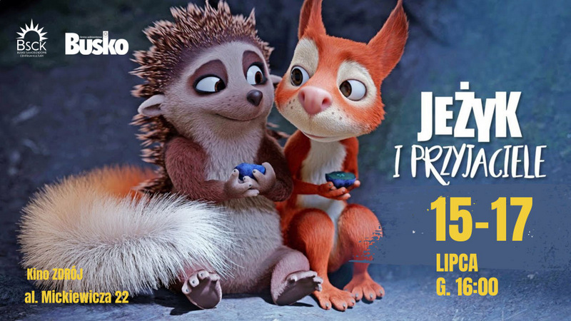 grafika promująca seans filmu Jeżyk i Przyjaciele - zawiera wizerunek bajkowych zwierząt