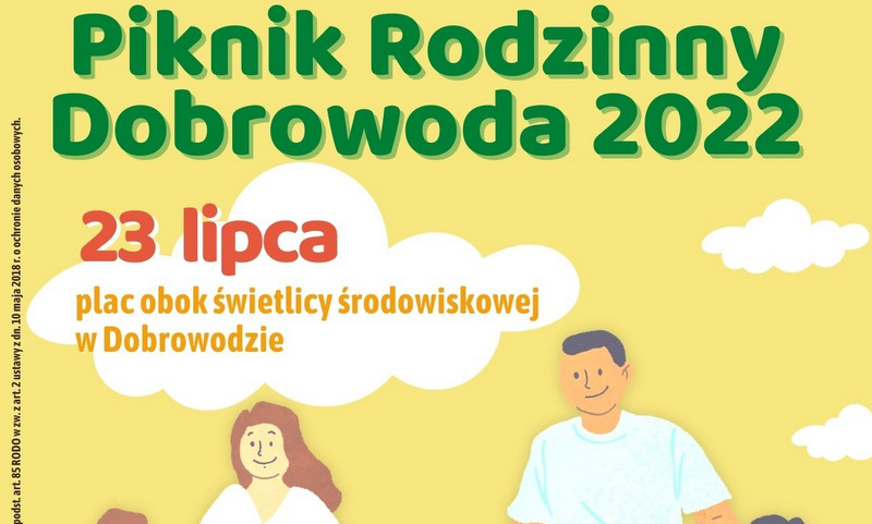 plakat promujący Piknik Rodzinny Dobrowoda, przedstawia kolorową grafikę z rodziną