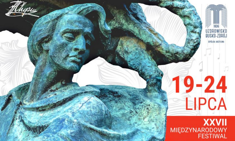 plakat promujący festiwal Lato z Chopinem, przedstawia stylizowany wizerunek pomnika Chopina w Warszawie,