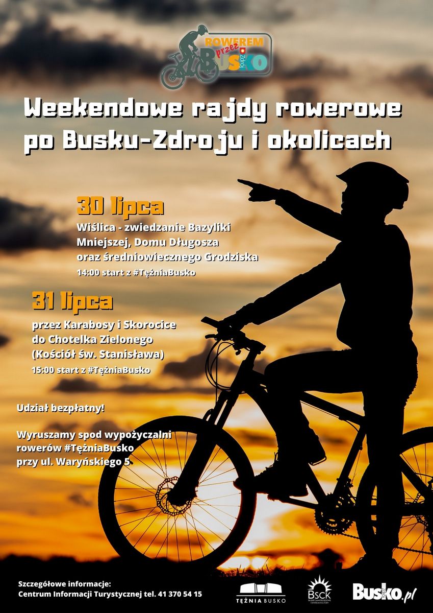 Plakat promujący rajdy rowerowe po Busku Zdroju i okolicach, przedstawia rowerzystę na tle zachodzącego słońca