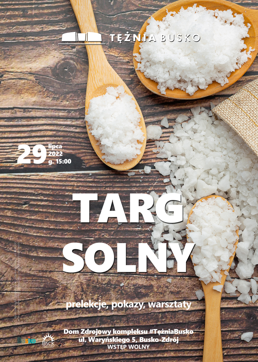 plakat promujący targ solny w Busku-Zdroju, drewniane łyżki, sól w kryształach na tle drewna