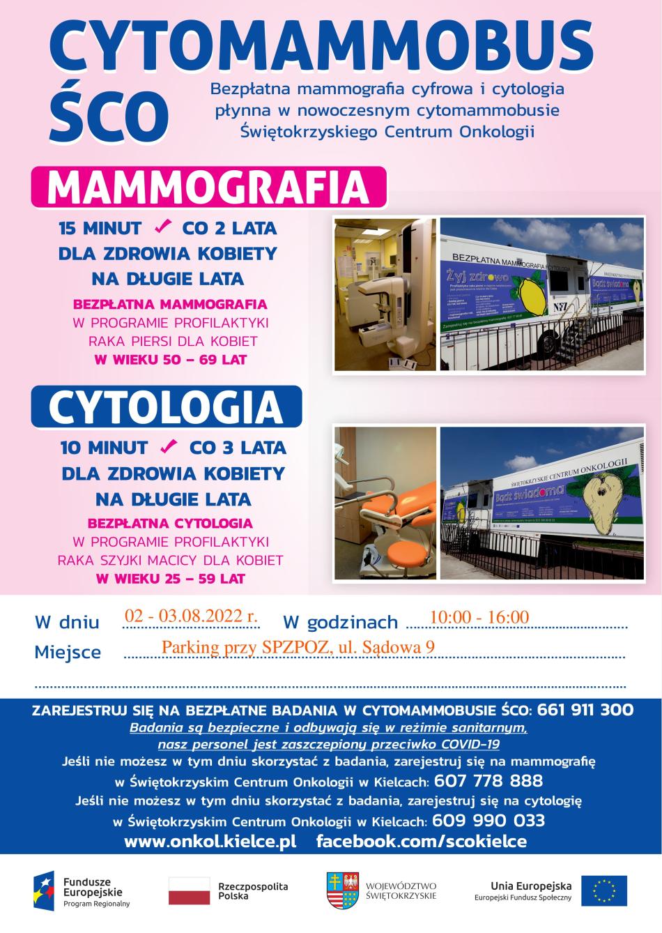plakat zapraszający na bezpłatne badania mammografii i cytologii w Busku-Zdroju
