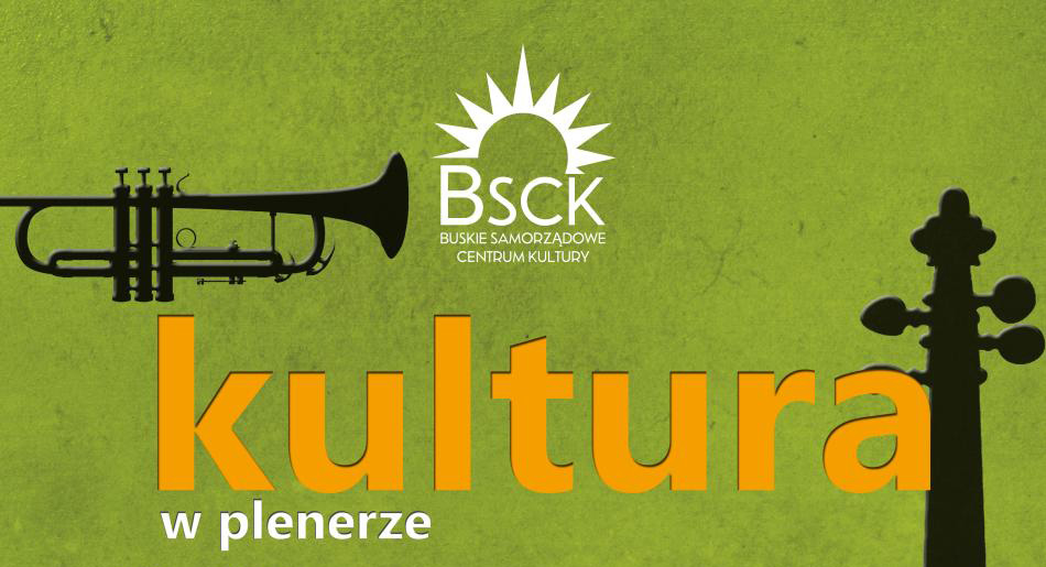 grafika promująca akcję Kultura w plenerze, zielona plansza, kontury instrumentów