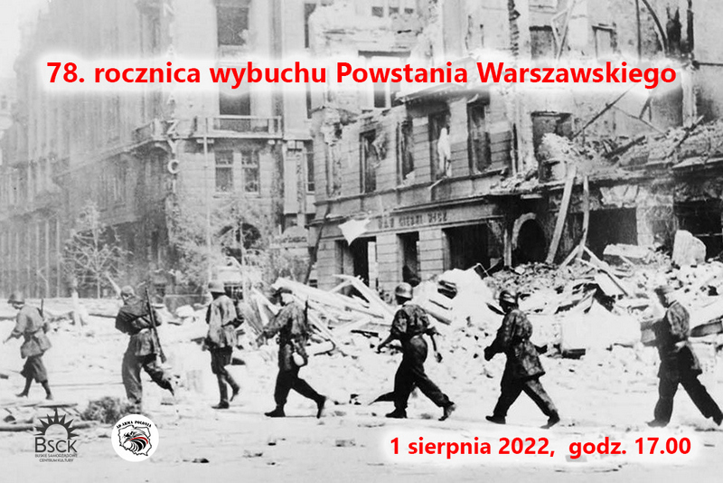 Grafika promująca obchody rocznicy powstania Warszawskiego w Busku-Zdroju. Przedstawia powstańców maszerujących na tle ruin miasta