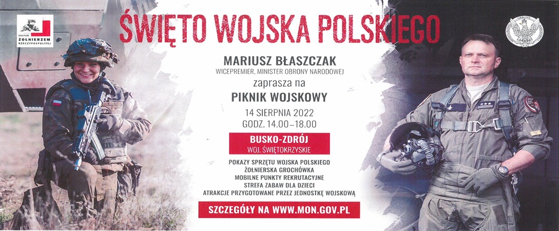 grafika zapraszająca do uczestnictwa w obchodach Święta Wojska Polskiego oraz 102 rocznicy Bitwy Warszawskiej w dn. 14 sierpnia w Busku-Zdroju