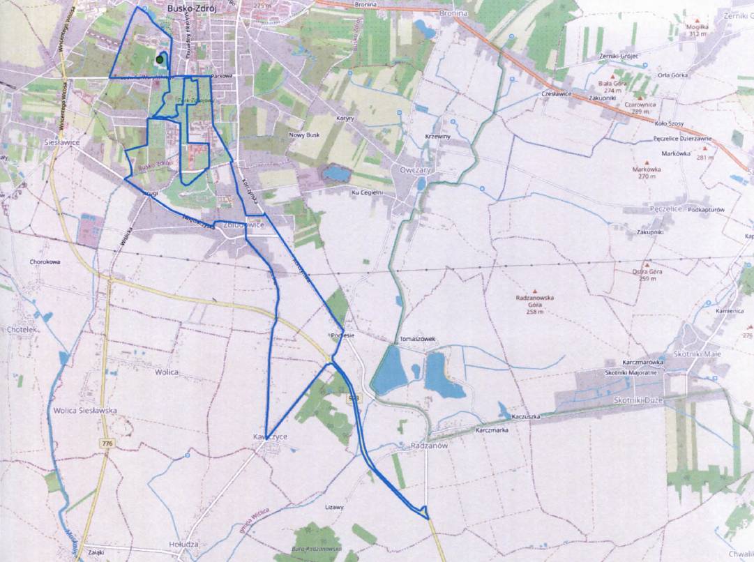 trasa półmaratonu Buskiego naniesiona na mapę miasta