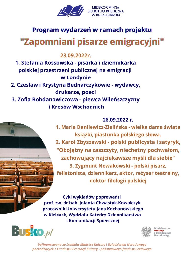 plakat promujacy cykl wykladow o o pisarzach emigracyjnych zawierajacy program