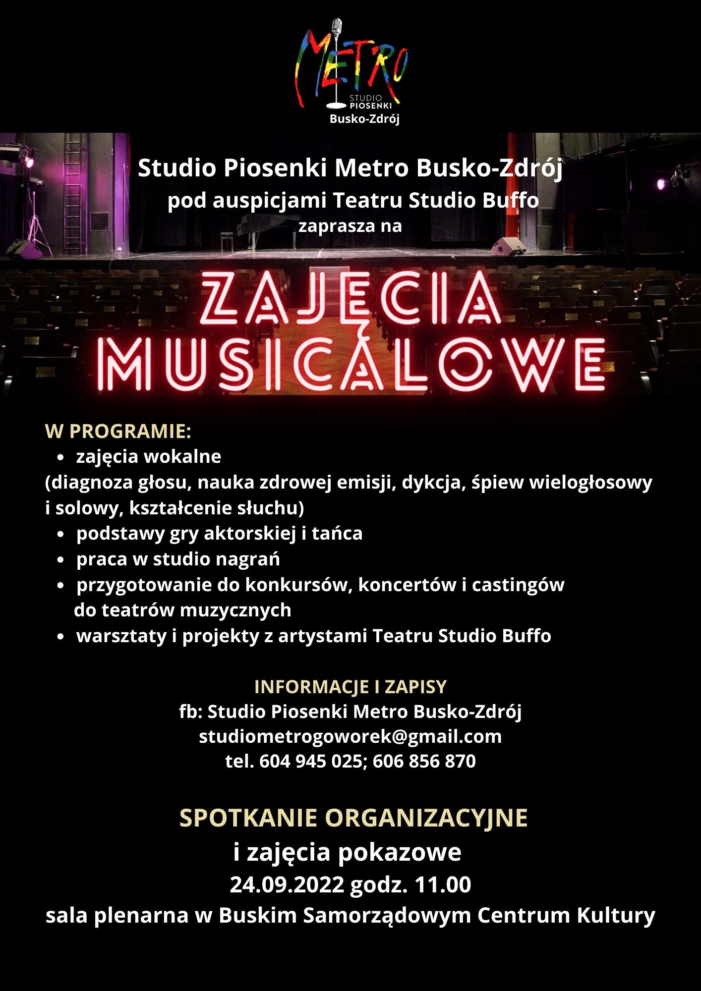 Grafika jest zaproszeniem na Zajęcia Musicalowe w Busku-Zdroju w nowym roku szkolnym
