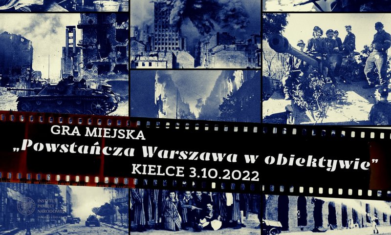 grafika promująca grę miejską - zawiera archiwalne fotografie wojennej Warszawy