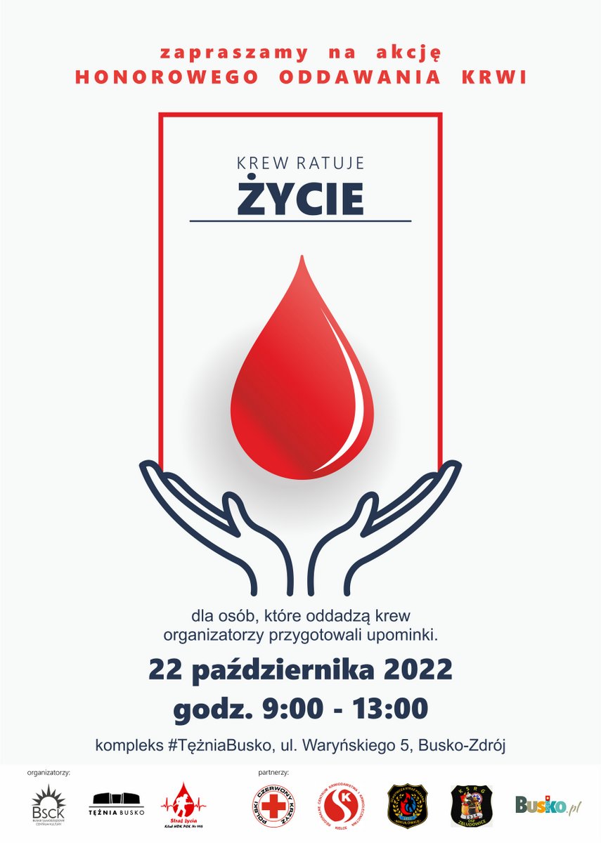 plakat promujący akcje oddawania krwi, przedstawia grafikę z dłońmi ora kroplą krwi
