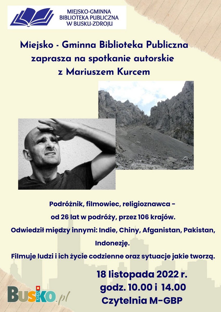 plakat promujący spotkanie autorskie z Mariuszem Kurcem