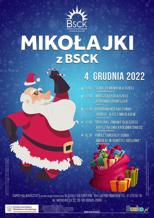 plakat promujący Mikołajki z BSCK, przedstawia św. Mikołaja i worek z prezentami