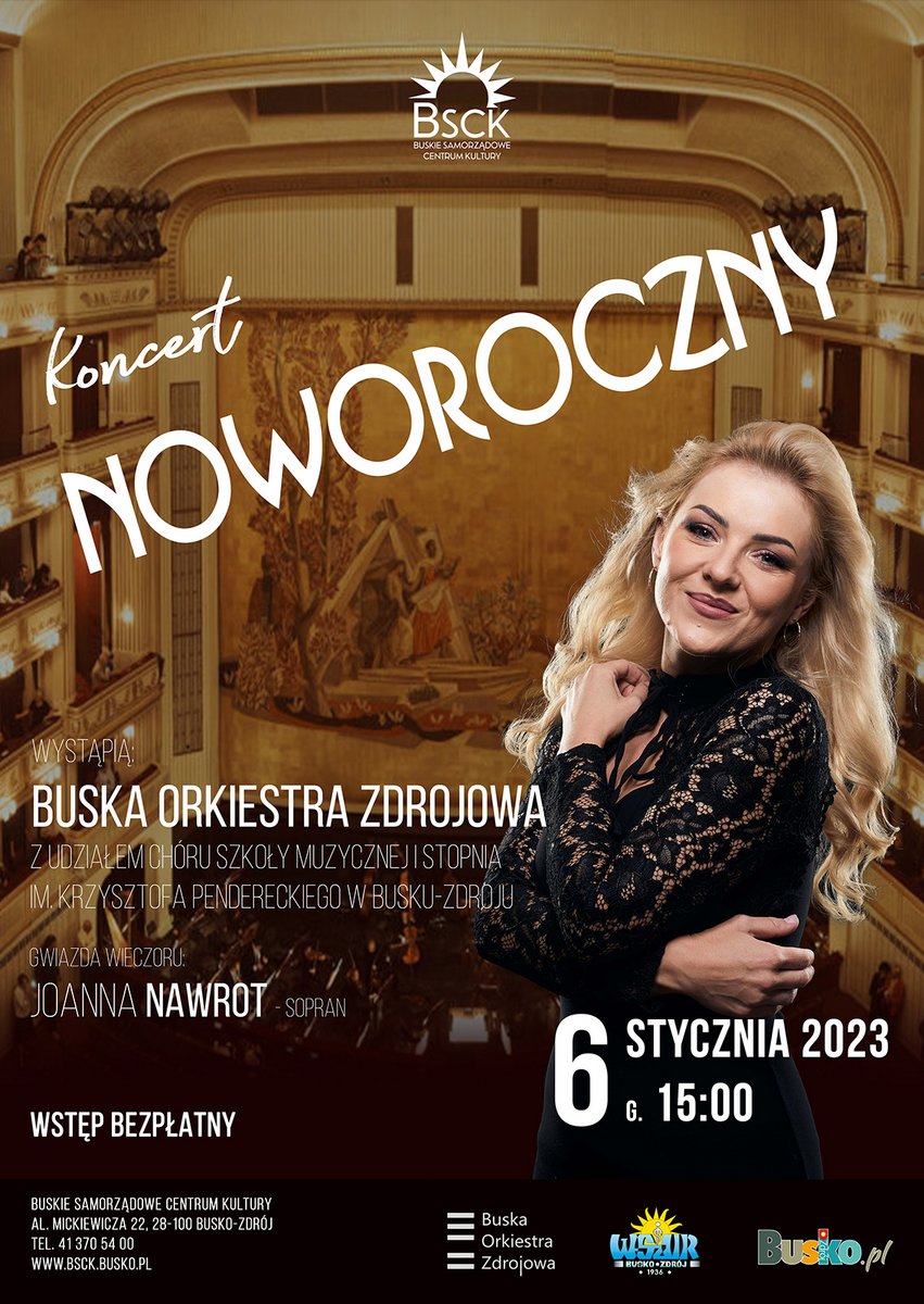 plakat promujący koncert noworoczny, przedstawia zdjęcie artystki oraz wnętrze opery