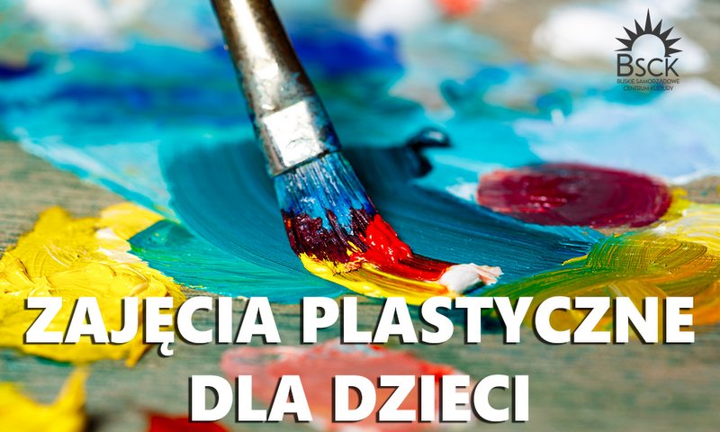 grafika promująca zajęcia plastyczne, przedstawia pędzel oraz paletę z farbami
