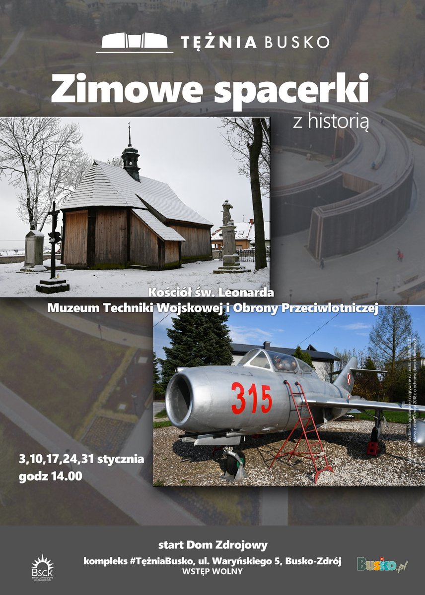 grafika promująca akcję Zimowe Spacerki z Historią, przedstawia zdjęcia atrakcji turystycznych Buska-Zdroju