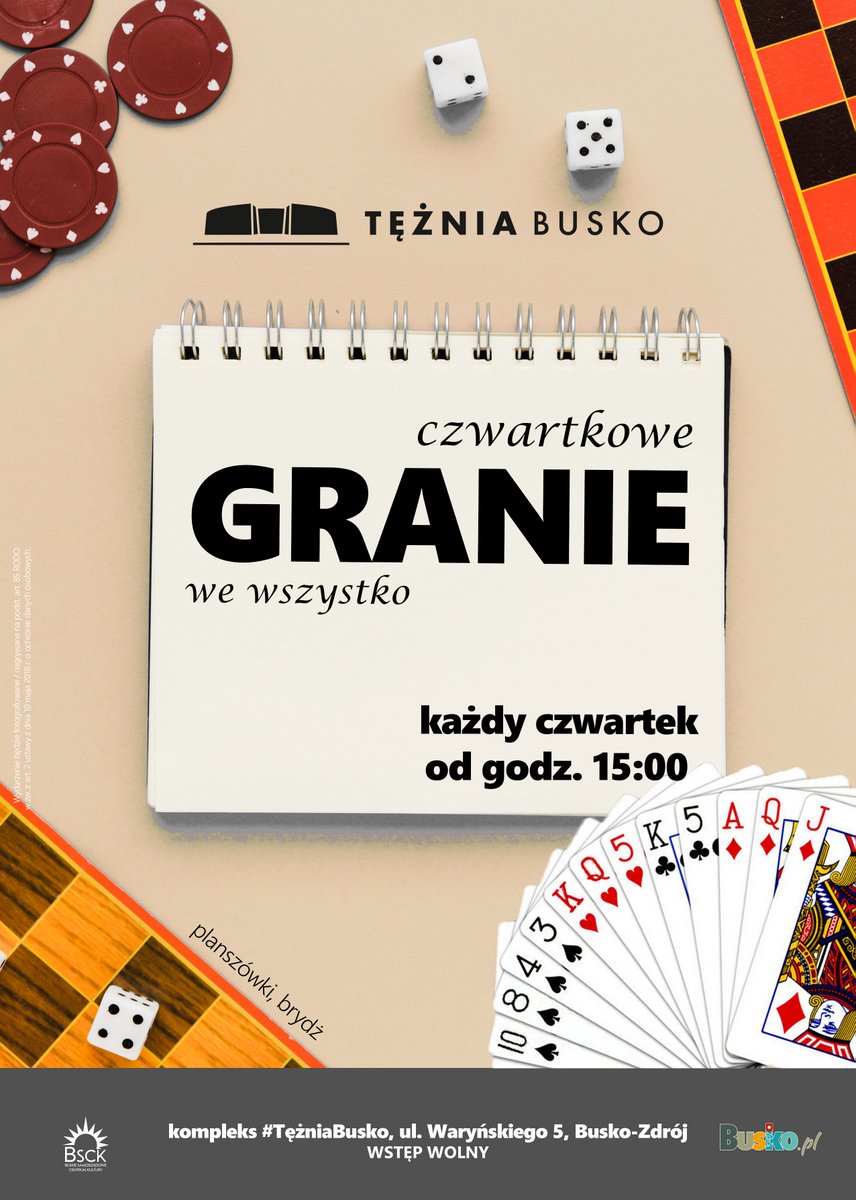 grafika promująca Czwartkowe Granie, przedstawia karty do gry i szachownicę