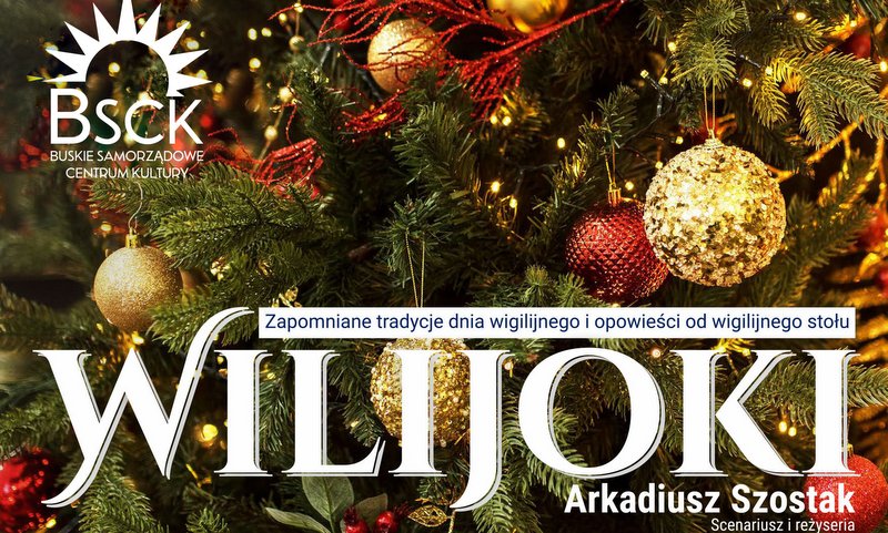 plakat promujący widowisko Wilijoki, przedstawia dekoracje na choince