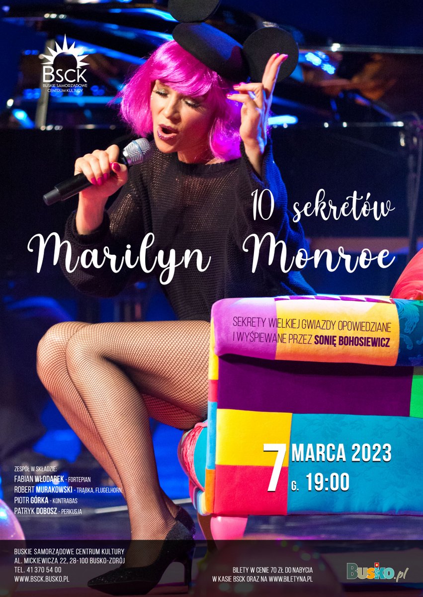 grafika promująca koncert 10 Sekretów Marylin Monroe, przedstawia artystkę Sonię Bohosiewicz z mikrofonem