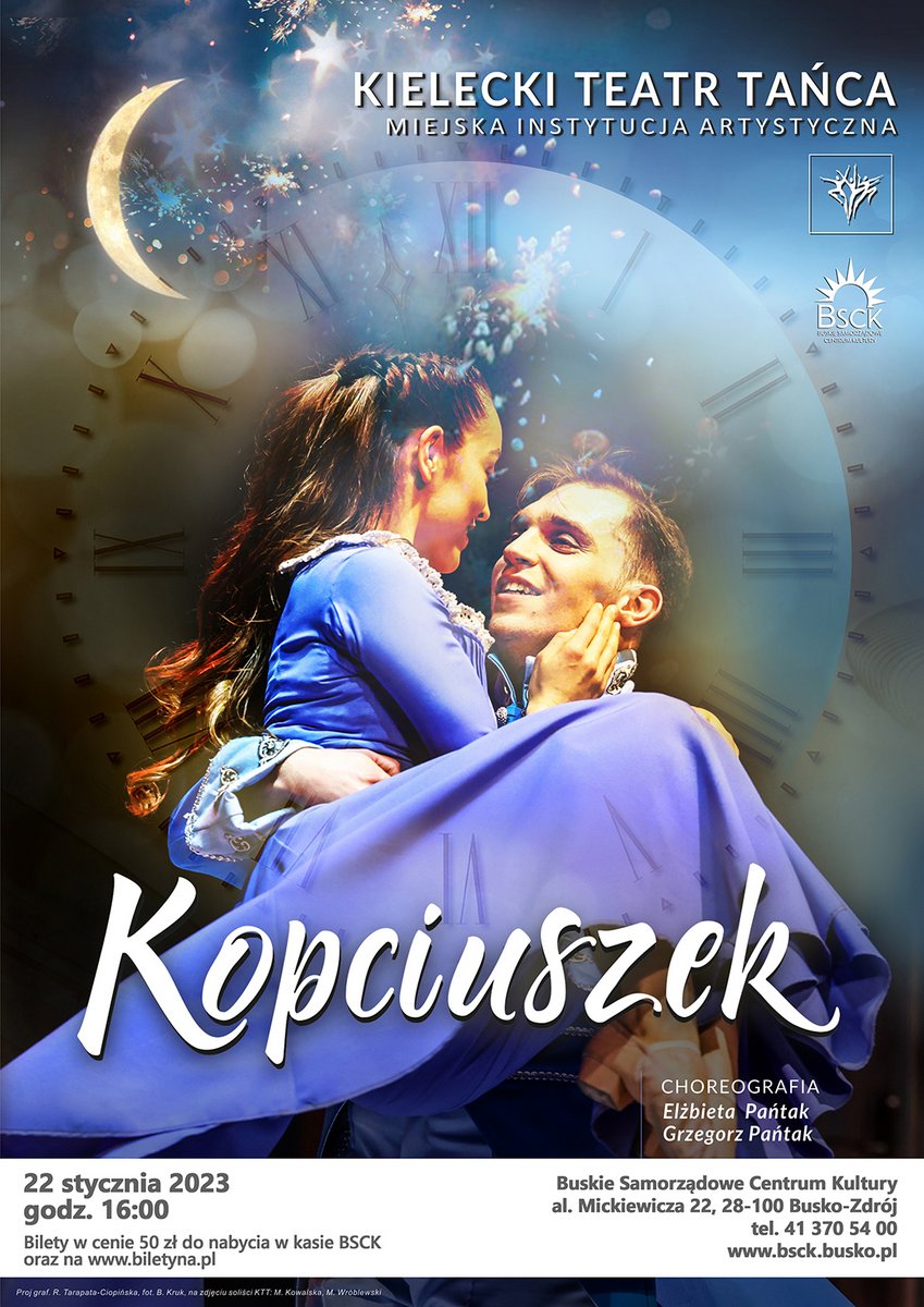 plakat promujący spektakl Kopciuszek, dwoje tancerzy na tle księżyca