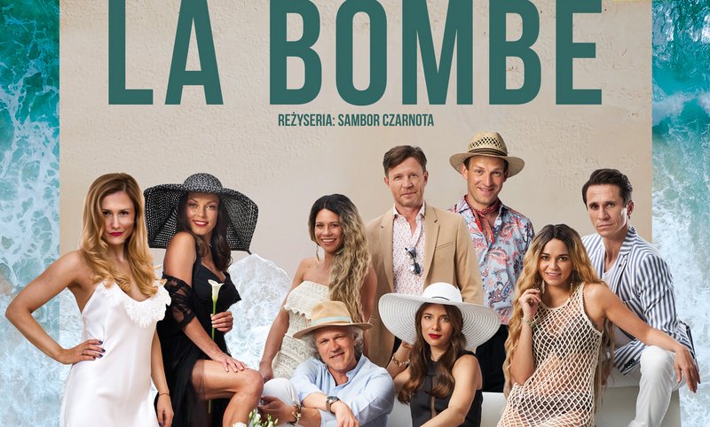 grafika promująca spektakl La Bombe, widoczni aktorzy pozujący do zdjęcia 