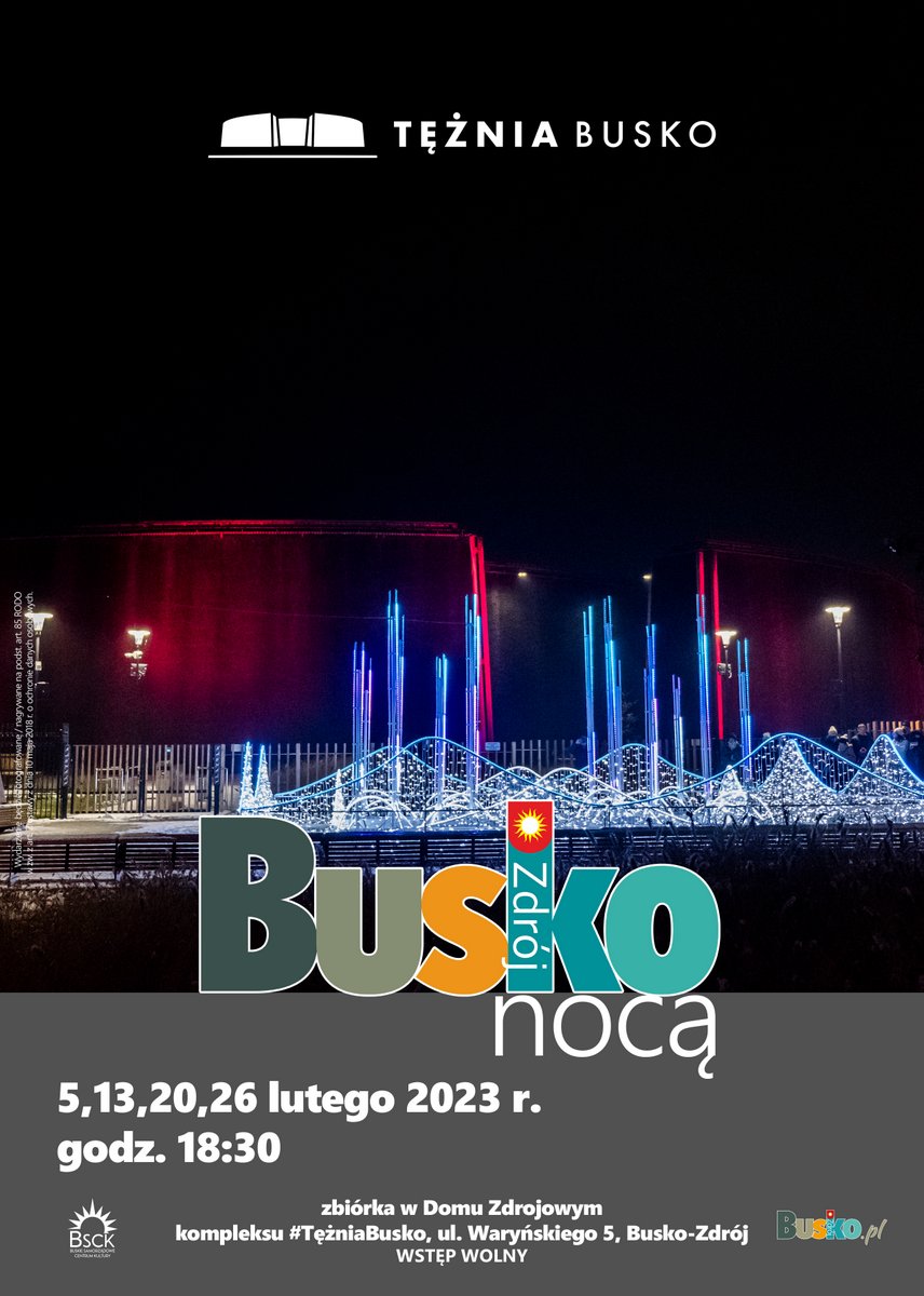 grafika promująca akcję Busko Nocą, przedstawia nocną iluminację fontanny na tle tężni