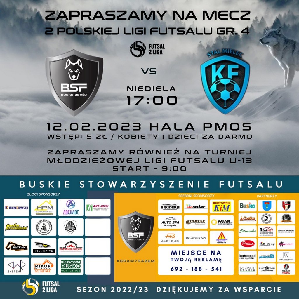 grafika promująca mecz Buskiej Ligi Futsalu, przedstawia herby drużyn przeciwników