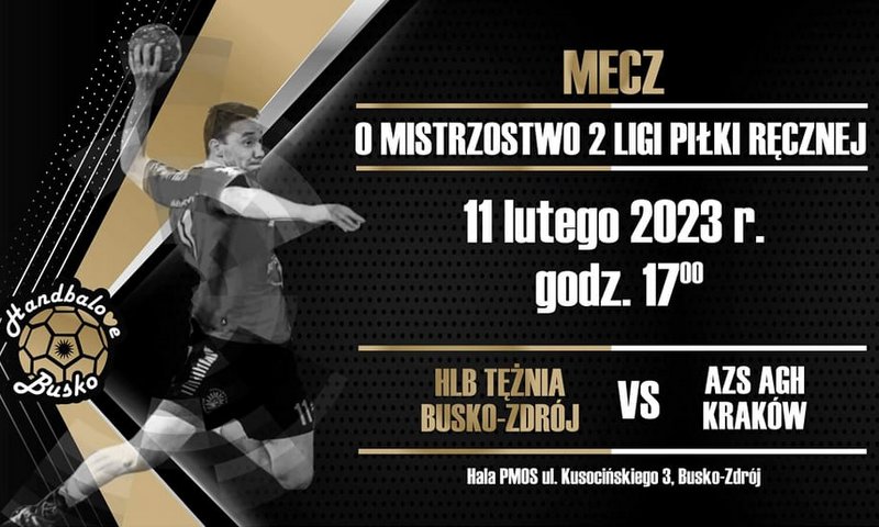 grafika promująca mecz HLB  - AZS AGH Kraków, przedstawia gracza rzucającego piłką