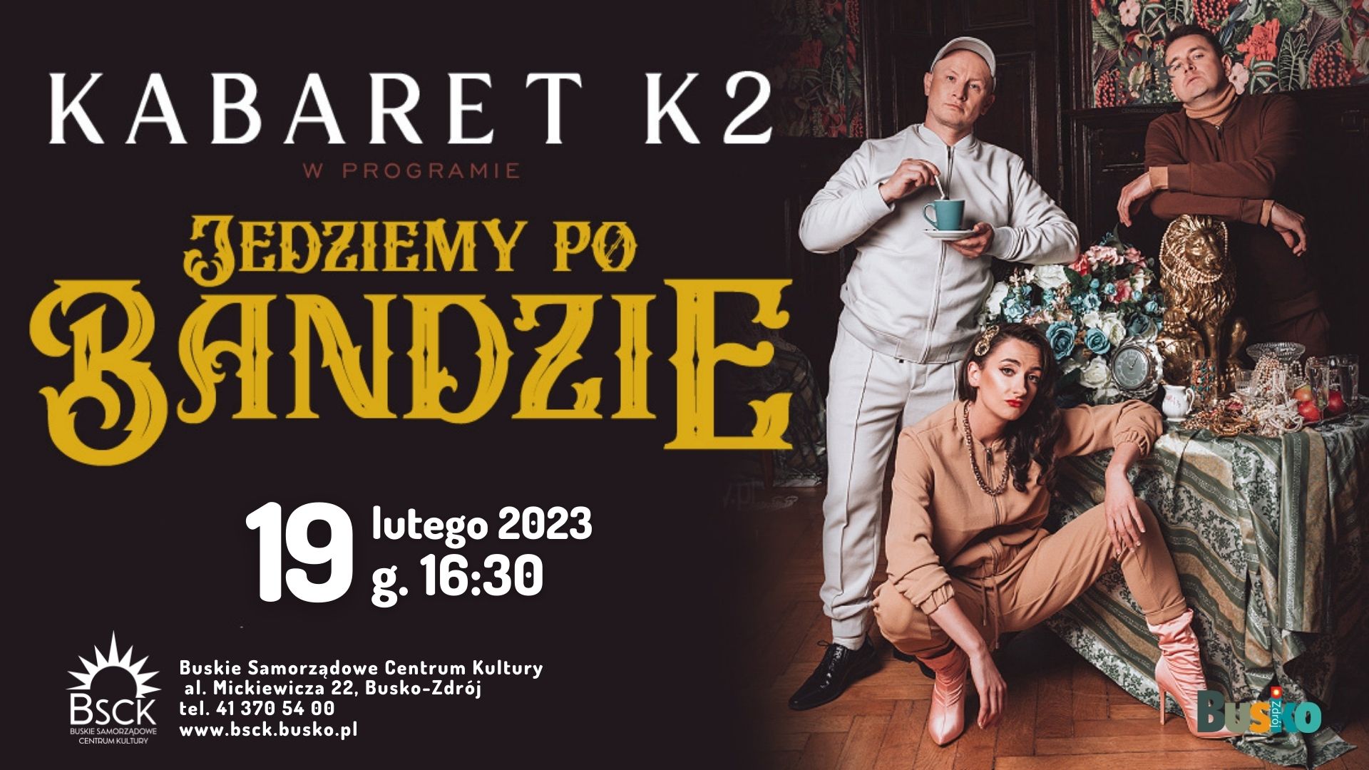 grafika promująca występ kabaretu K2, przedstawia trójkę artystów 