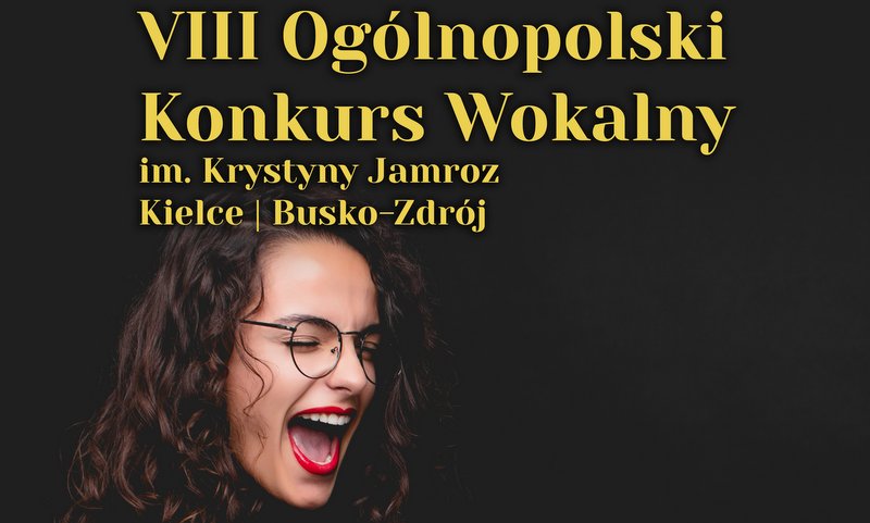 plakat promujący koncert laureatów konkursu wokalnego, przedstawia zdjęcie śpiewającej obiety
