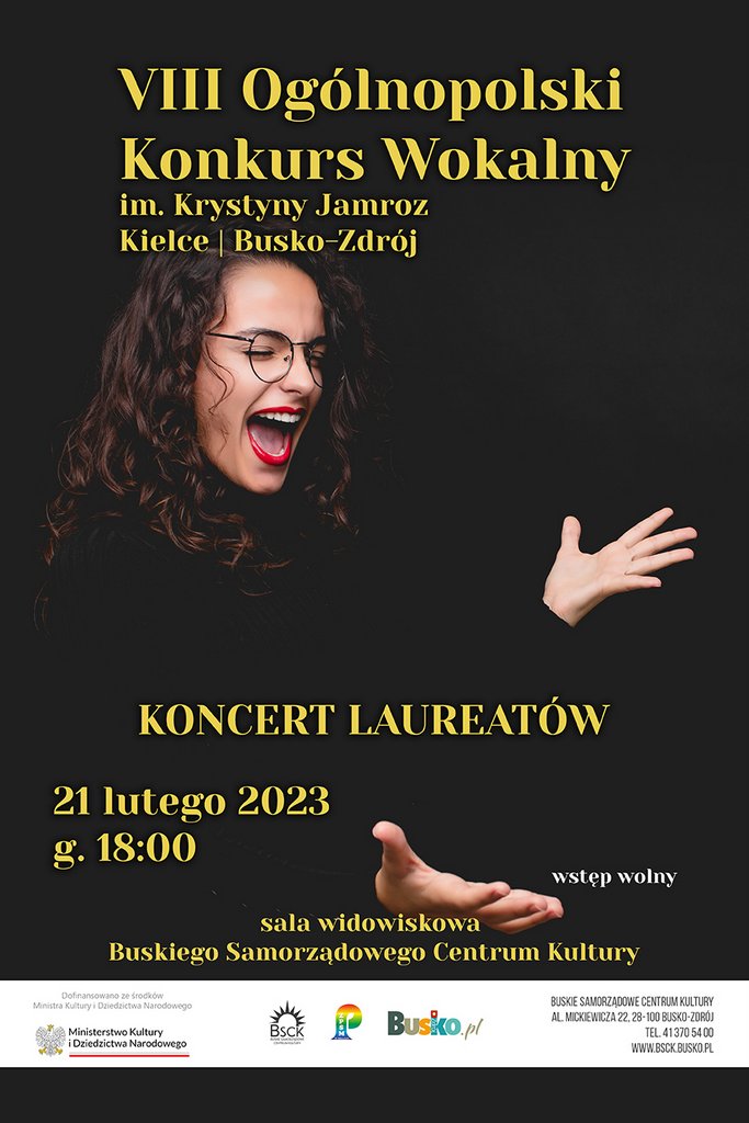 plakat promujący koncert laureatów konkursu wokalnego, przedstawia zdjęcie śpiewającej obiety
