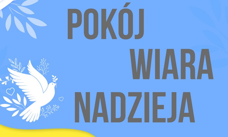grafika promująca koncert artystów ukraińskich, niebiesko - żółta kolorystyka, wizerunek gołąbka pokoju