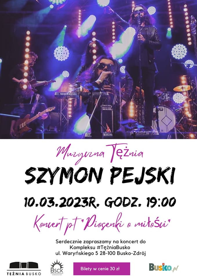plakat promujący koncert Szymona Pejskiego, przedstawia zdjęcie artysty i zespołu