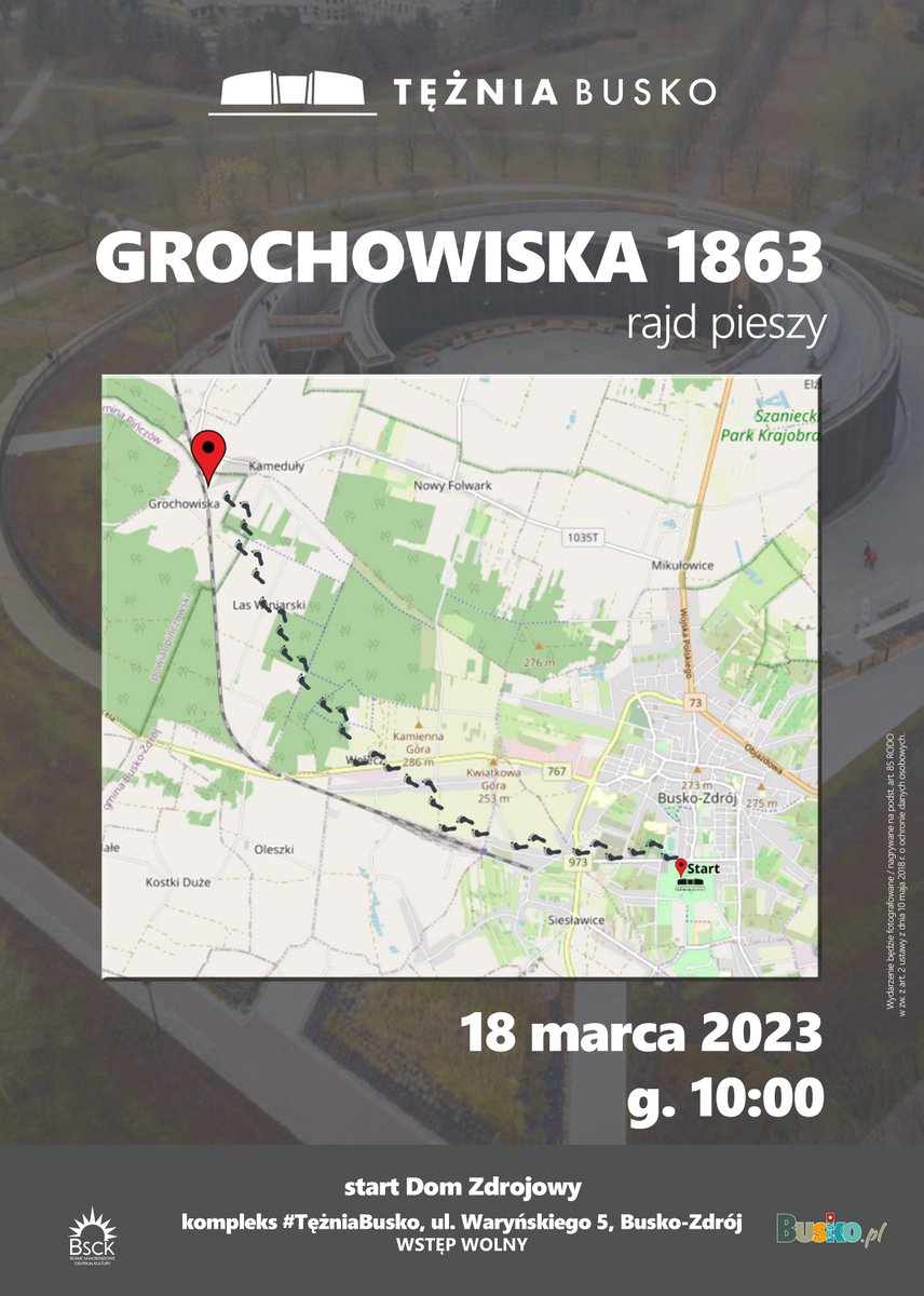 plakat promujący rajd pieszy na Grochowiska, przedstawia mapę szlaku