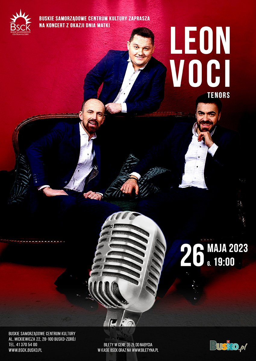grafika promująca koncert LEON VOCI, przedstawia trzech artystów
