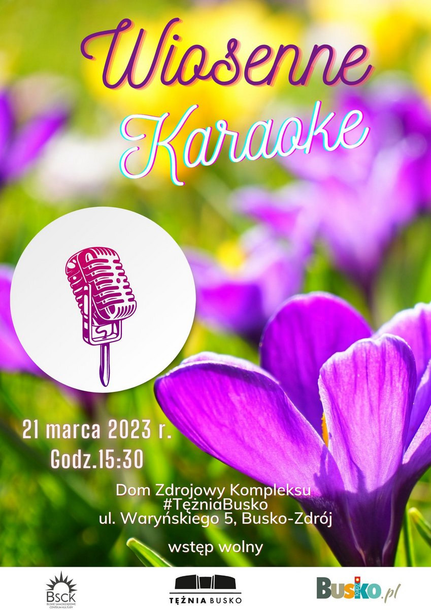 grafika promująca wiosenne karaoke, wizerunek mikrofonu, w tle kolorowe kwiaty