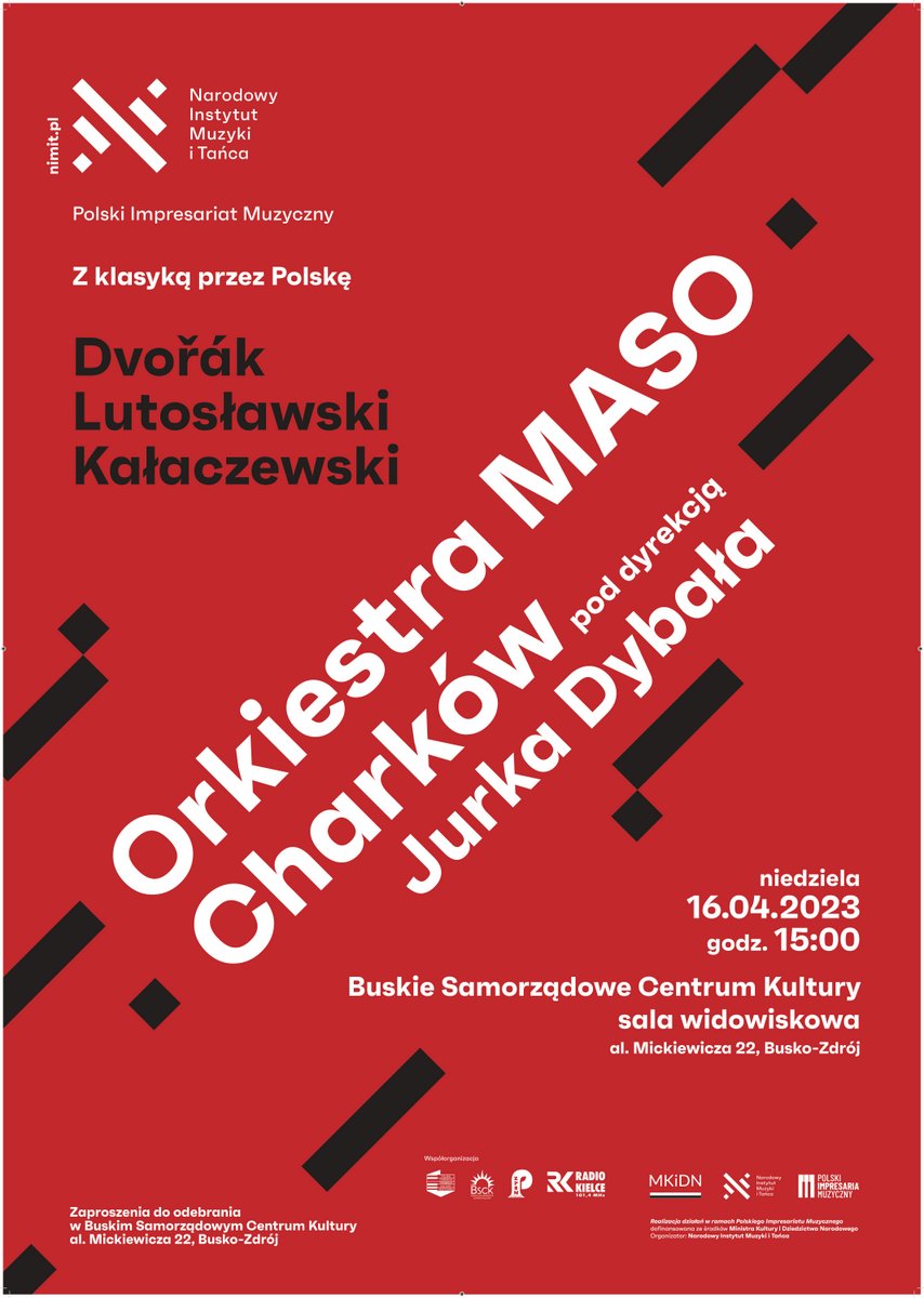 afisz promujący występ Orkiestry MASO - białe napisy, czarne linie, logotypy, czerwone tło