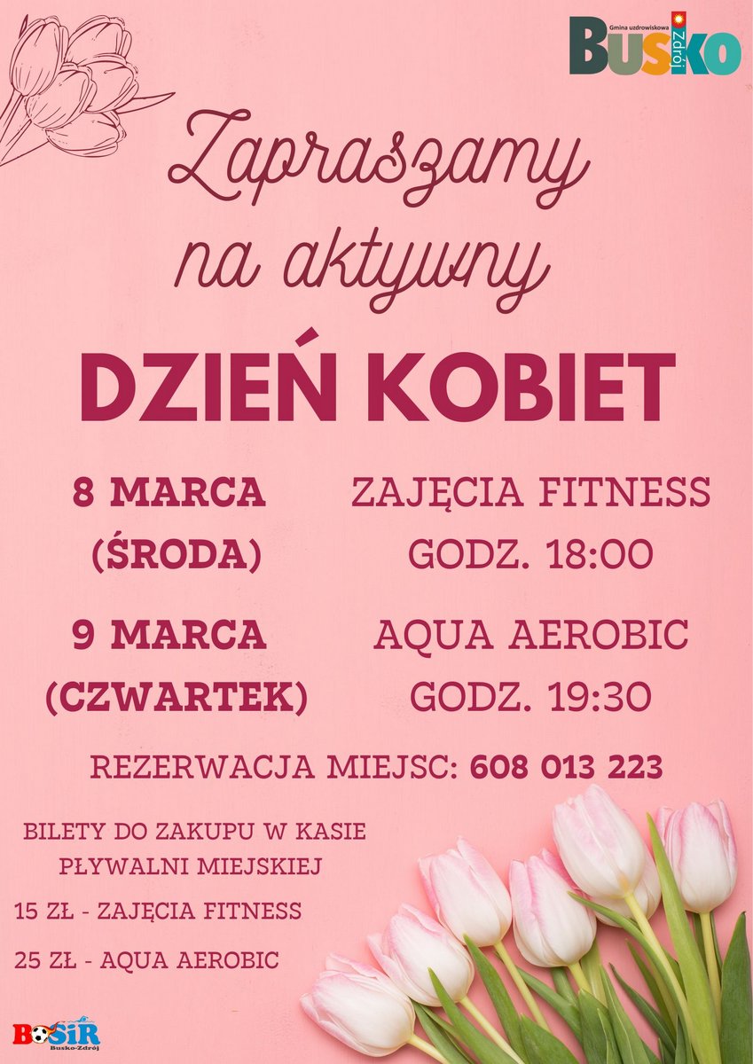 grafika promująca dzień kobiet w BOSIR, różowe tło, wizerunek kwiatów
