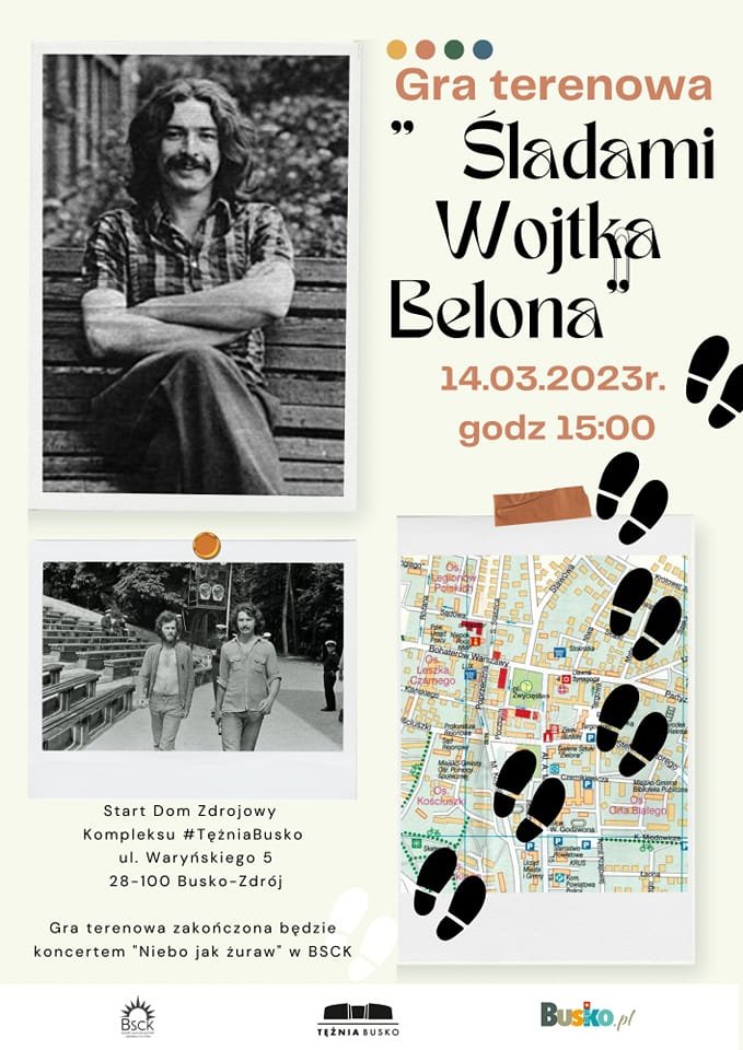 grafika promująca grę terenową, przedstawia archiwalne zdjęcia artysty Wojtka Belona oraz mapę Buska-Zdroju