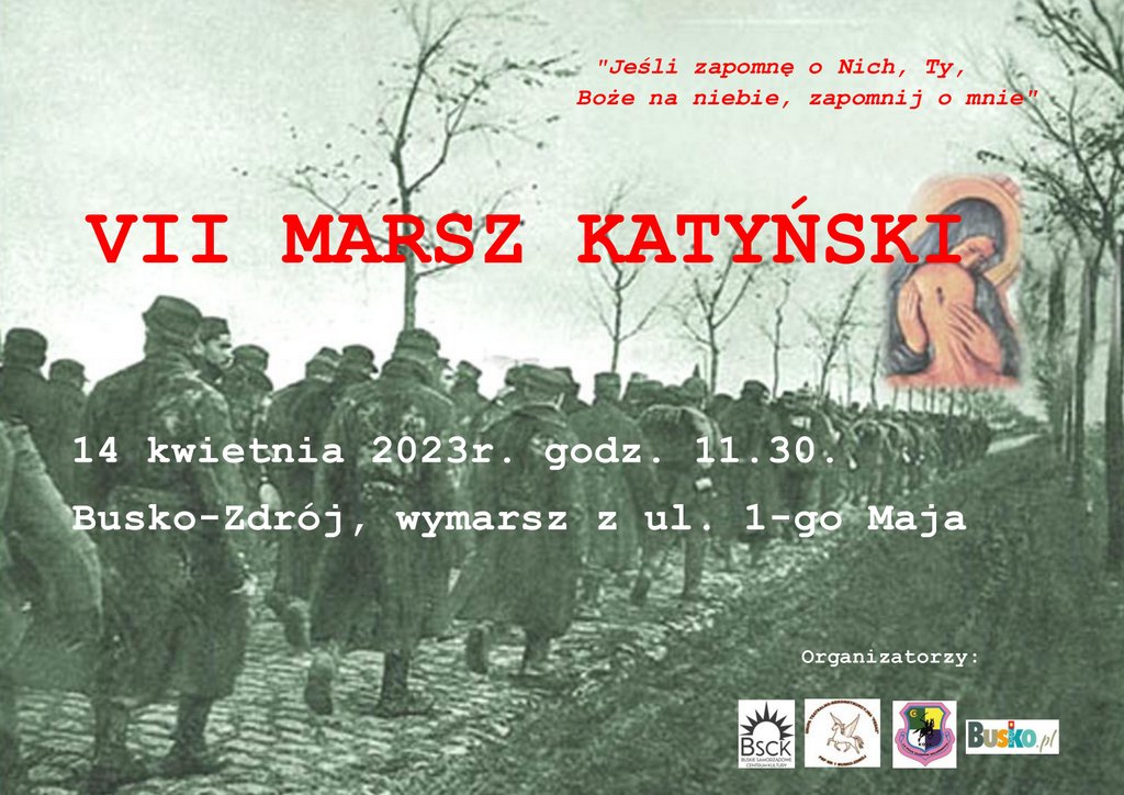plakat informujący o Marszu Katyńskim, w tle archiwalne zdjęcie
