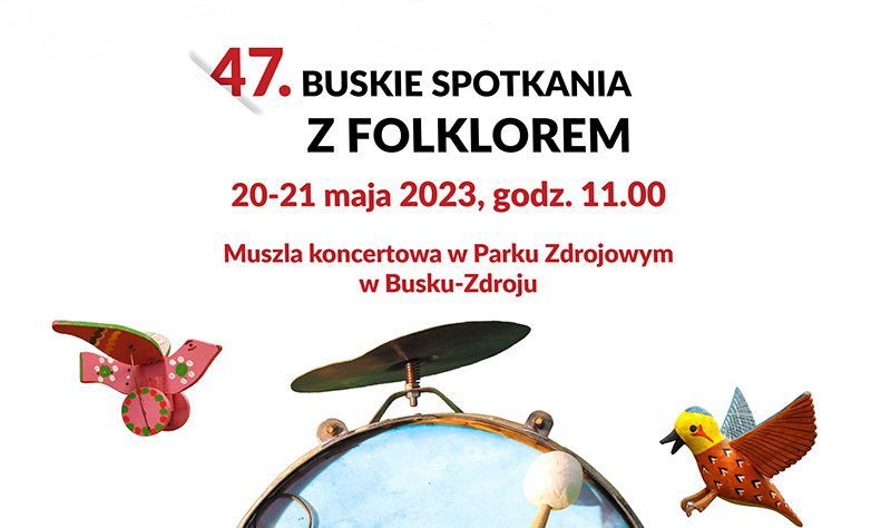 plakat promujący Buskie Spotkania z Folklorem, grafika przedstawia instrumenty oraz drewniane ozdoby ludowe
