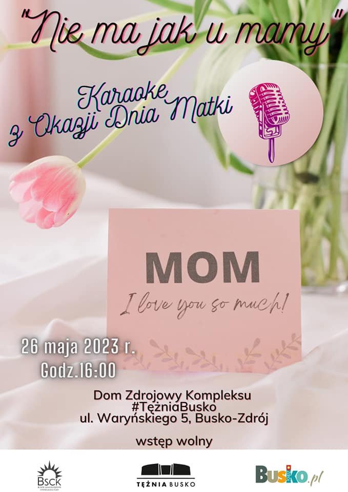 grafika promująca karaoke na dzień matki, w tle kwiaty