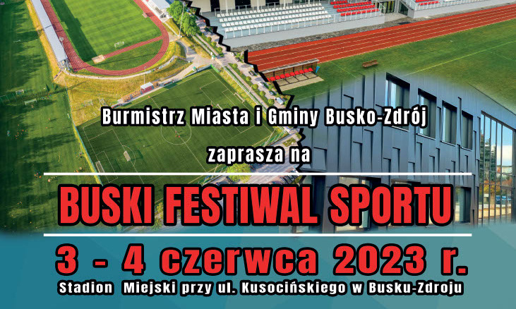 grafika promująca buski festiwal sportu, w tle zdjęcie obiektów sportowych z lotu ptaka