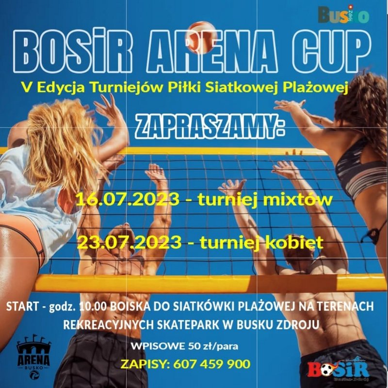 grafika promująca Bosir Arena Cup, zdjęcie osób grających w siatkówkę