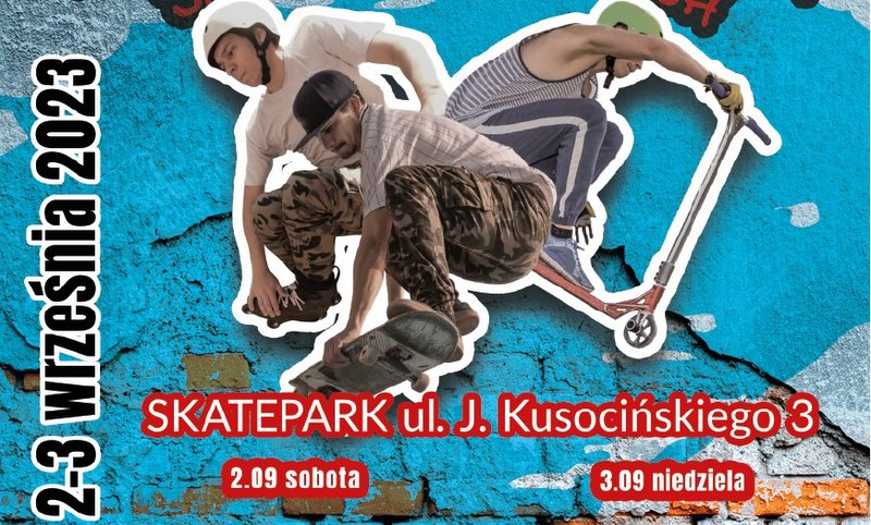 grafika promująca festiwal sportów miejskich, przedstawia osoby jeżdżące na deskorolce i hulajnodze